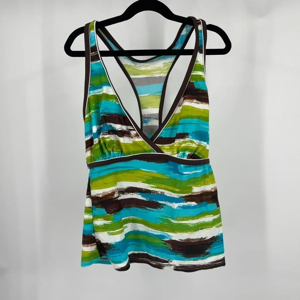 Y2K Striped Halter Tankini Swim Top Brown Green Boho Beachy Tropical Small